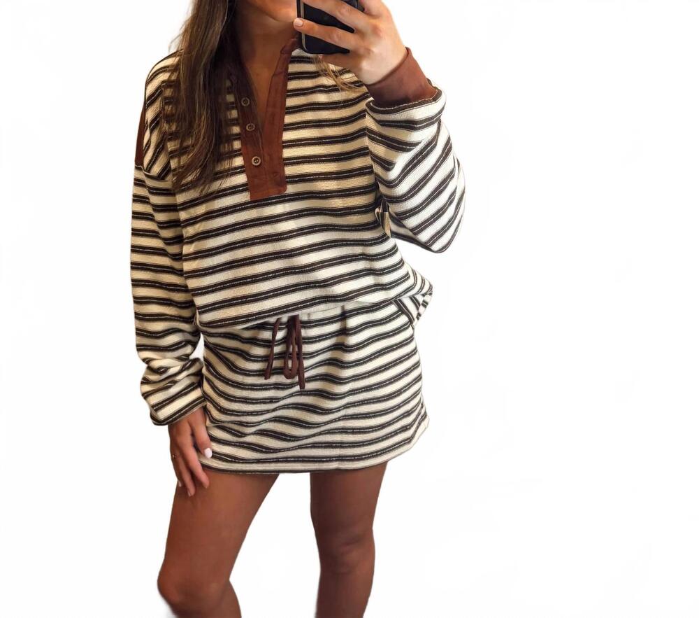 NEW LA SOCIETY cocoa stripe top and skirt set in beige